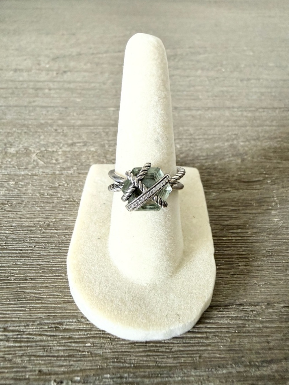 David Yurman Cable Wrap Ring Sterling Silver Green Prasiolite Stone & Diamonds 5
